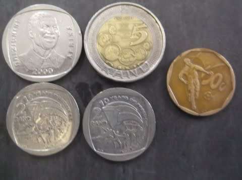 COINS : SOUTH AFRICA 50 CENT SOCCER / R2 TEN YEARS FREEDOM / R5 MANDELA / R5 SARB